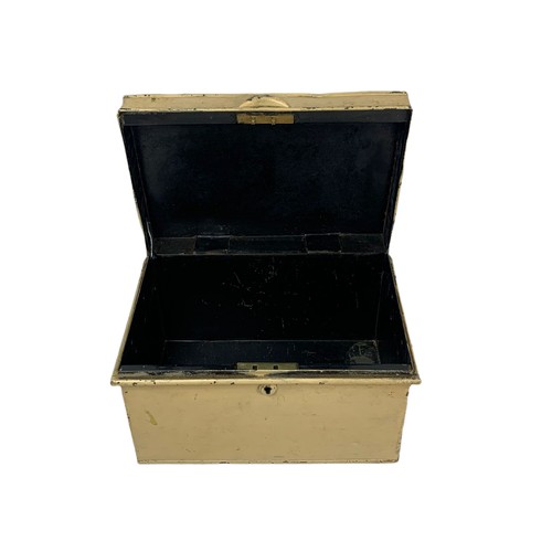 357 - Vintage metal cash box and a pair of wall brackets. 31x21x19cm