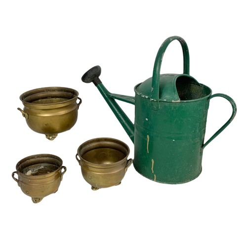 385 - 3 vintage brass planters and a galvanised watering can. 54/42cm.