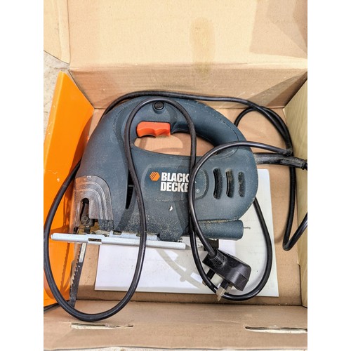 748 - Black & Decker jigsaw, Halfords Twin barrel foot pump with guage and a JMB tool set