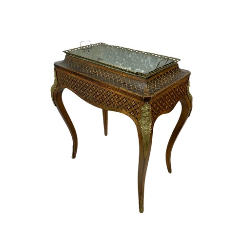 962 - 19th century French inlaid jardiniere table with brass mounts and gallery. 69x44x79cm