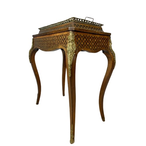 962 - 19th century French inlaid jardiniere table with brass mounts and gallery. 69x44x79cm