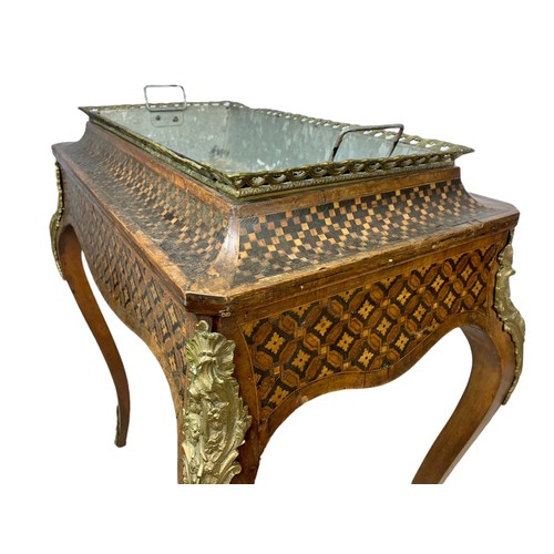 962 - 19th century French inlaid jardiniere table with brass mounts and gallery. 69x44x79cm