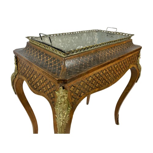 962 - 19th century French inlaid jardiniere table with brass mounts and gallery. 69x44x79cm