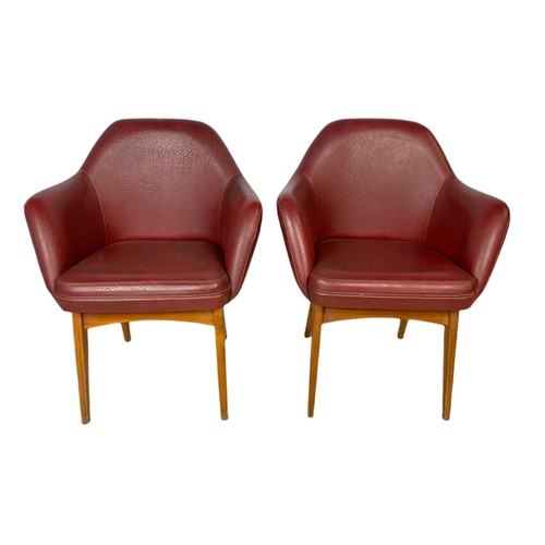 1012 - Pair of mid century Scandinavian design beech framed armchairs in burgundy vinyl