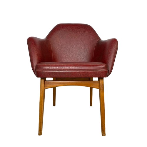 1012 - Pair of mid century Scandinavian design beech framed armchairs in burgundy vinyl