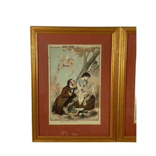 370 - Set of 6 19th century Weekly Freeman cartoon prints in a gilt frame. 61.5/46cm