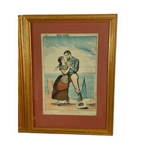 370 - Set of 6 19th century Weekly Freeman cartoon prints in a gilt frame. 61.5/46cm