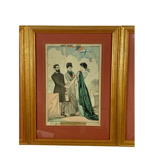 370 - Set of 6 19th century Weekly Freeman cartoon prints in a gilt frame. 61.5/46cm