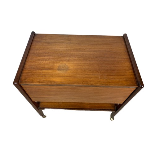 1051 - Teak mid century 2 tier drop leaf serving trolley. 87/69/66cm.