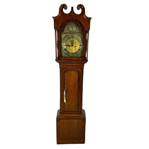 1019 - Georgian brass and polished steel faced inlaid oak long case clock with weights and pendulum. 209cm