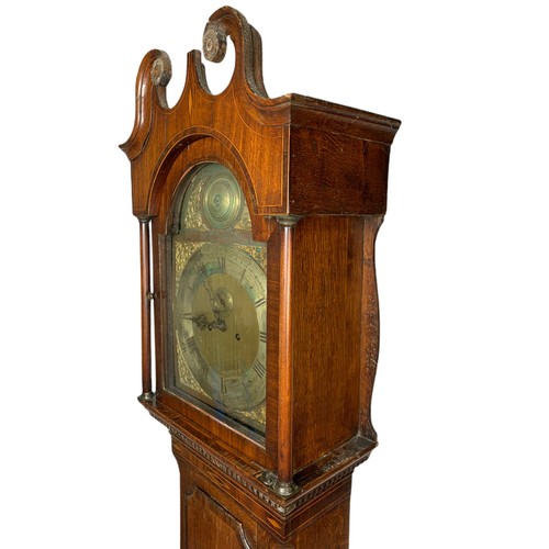 1019 - Georgian brass and polished steel faced inlaid oak long case clock with weights and pendulum. 209cm