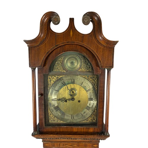 1019 - Georgian brass and polished steel faced inlaid oak long case clock with weights and pendulum. 209cm