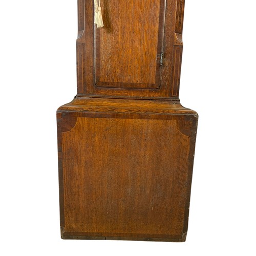 1019 - Georgian brass and polished steel faced inlaid oak long case clock with weights and pendulum. 209cm