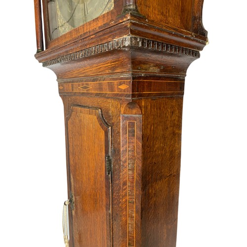 1019 - Georgian brass and polished steel faced inlaid oak long case clock with weights and pendulum. 209cm