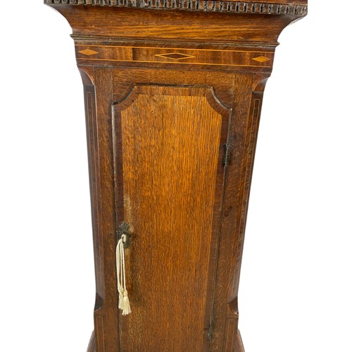 1019 - Georgian brass and polished steel faced inlaid oak long case clock with weights and pendulum. 209cm