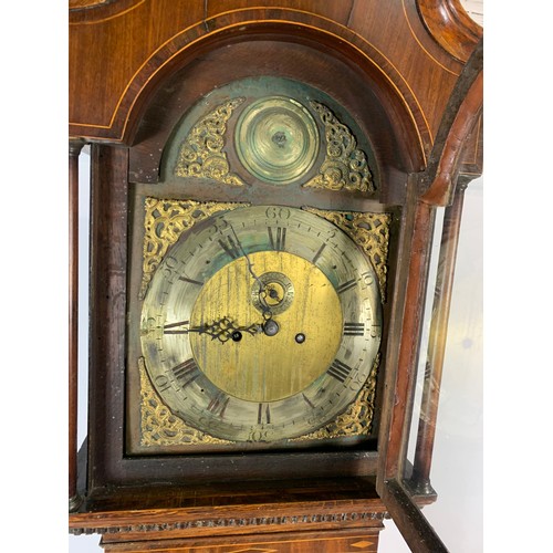 1019 - Georgian brass and polished steel faced inlaid oak long case clock with weights and pendulum. 209cm