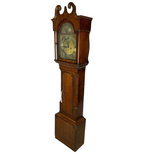 1019 - Georgian brass and polished steel faced inlaid oak long case clock with weights and pendulum. 209cm