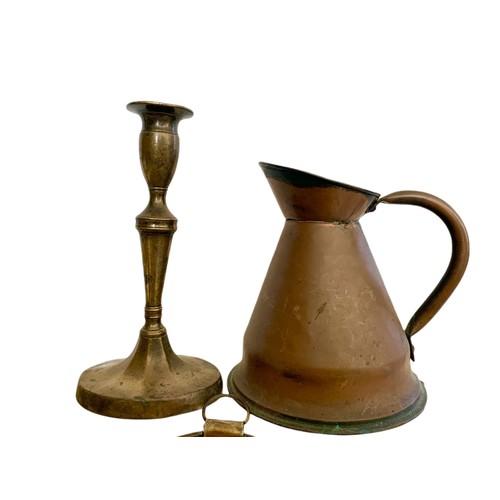 605 - Quantity of Victorian and vintage brass and copper ware. Including a Victorian copper jug, pair of V... 