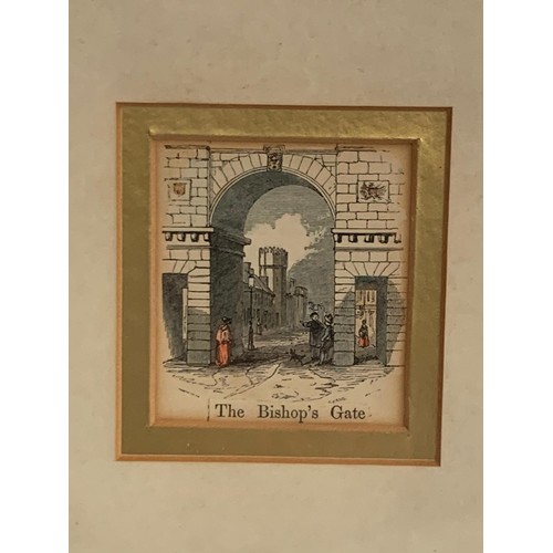 608 - 19th century miniature coloured engraving “Bishops Gate” reframed. 18/19cm