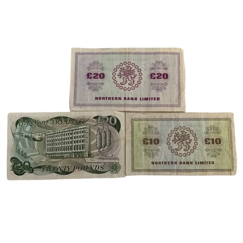 650c - 3 old bank notes. Bank of Ireland £20 note, Northern Bank Limited £10 and £20 notes