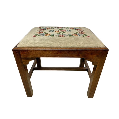 1064 - Early 20th tapestry top mahogany framed stool. 49x37.5x42cm