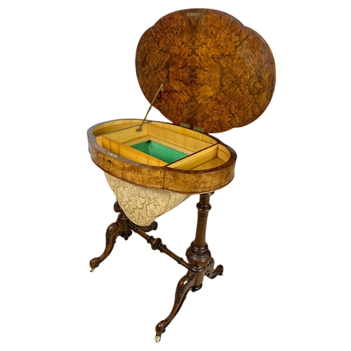 1080 - Victorian inlaid burr walnut sewing table. 63x43x72cm