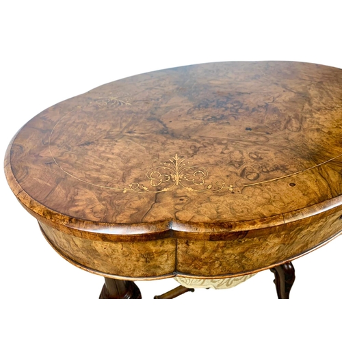 1080 - Victorian inlaid burr walnut sewing table. 63x43x72cm