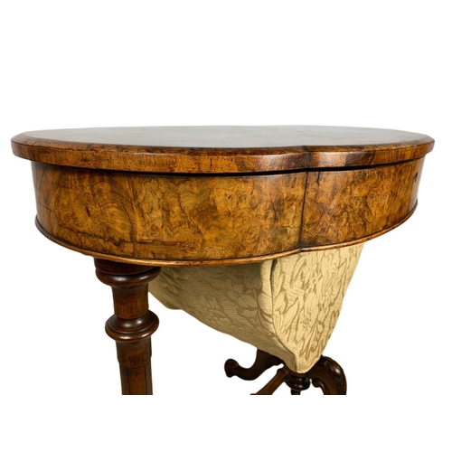 1080 - Victorian inlaid burr walnut sewing table. 63x43x72cm