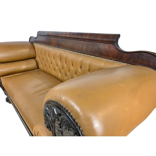 1090 - Large Victorian button back leather stuffed over sofa. 218/67/103cm.