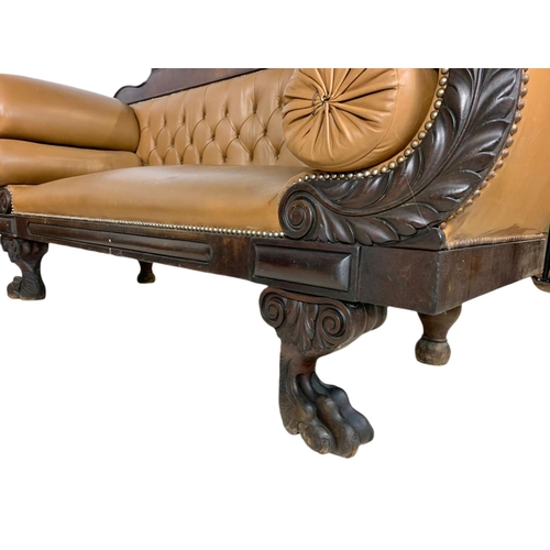 1090 - Large Victorian button back leather stuffed over sofa. 218/67/103cm.