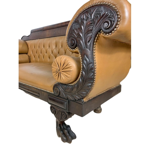 1090 - Large Victorian button back leather stuffed over sofa. 218/67/103cm.