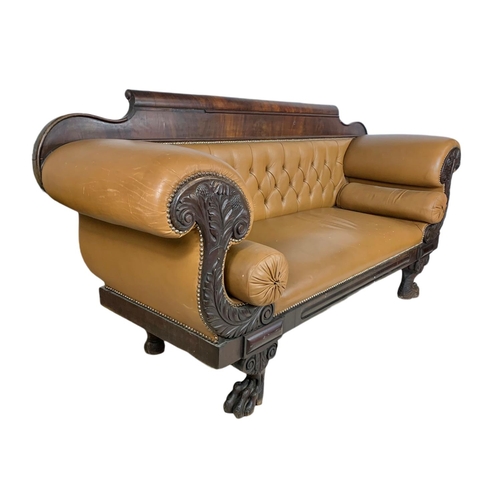 1090 - Large Victorian button back leather stuffed over sofa. 218/67/103cm.