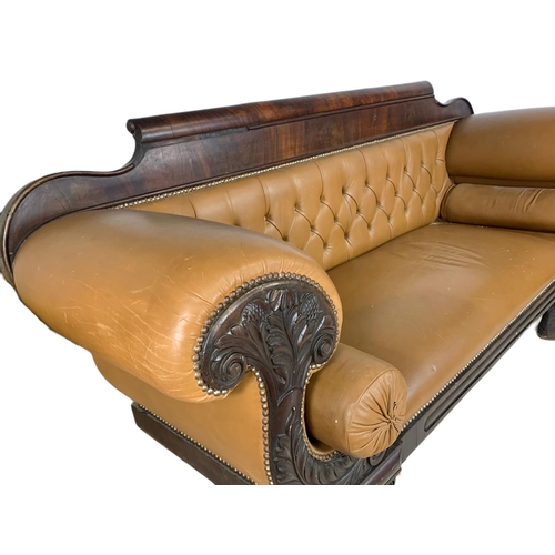 1090 - Large Victorian button back leather stuffed over sofa. 218/67/103cm.