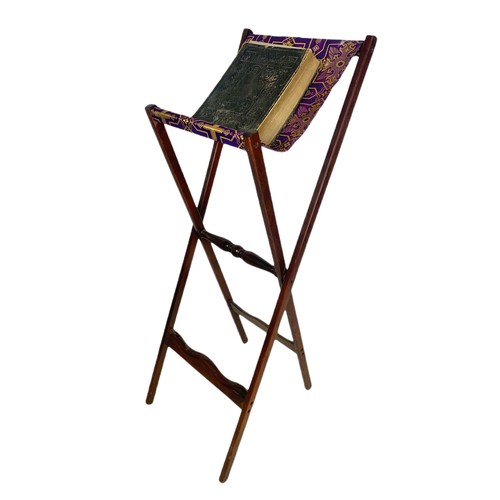 1117 - Vintage mahogany folding reading stand. 128cm