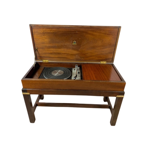 1118 - Campaign military style brass bound record player on stand, 85cm x 38cm x 53cm