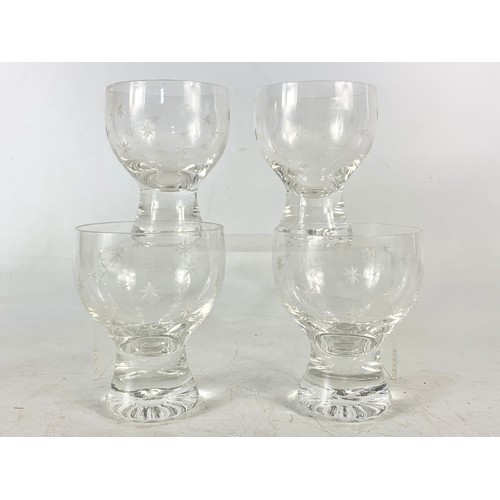 517 - 4 vintage etched drinking glasses and 2 small crystal decanters. 16cm