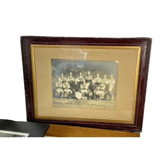 777 - Early 20th century football team photograph, a firescreen and 3 pictures.