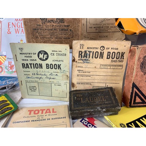 702B - Large quantity of vintage and early 20th century maps, books and postcards etc. Including ration boo... 