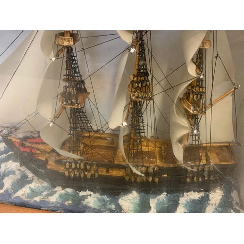 37 - Vintage model ship in a display box. 47.5/16/37cm