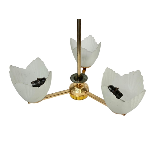 89 - Vintage brass light fitting with glass shades. 35/55cm