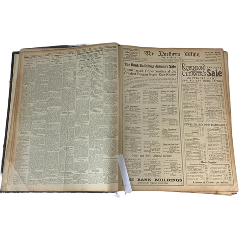 98 - Large The Northern Whig Jan-June 1921 news print book. 50 x 63 x 9cm