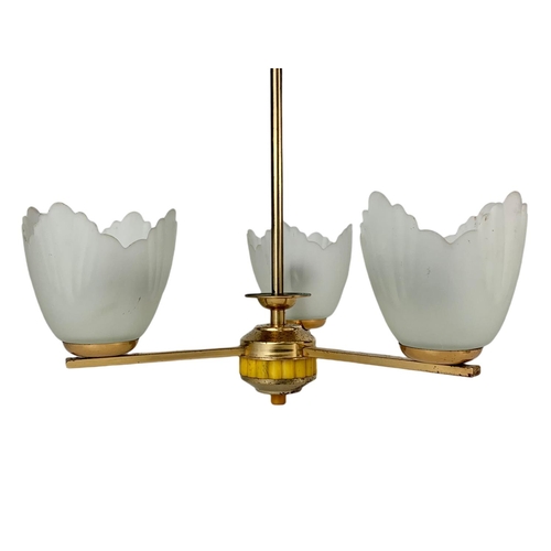 89 - Vintage brass light fitting with glass shades. 35/55cm