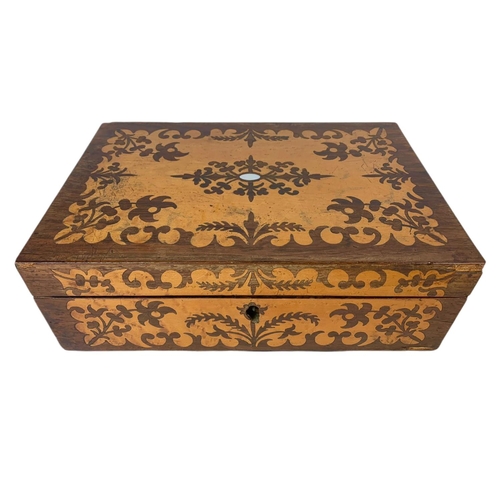 188 - Victorian inlaid stationary box. 35.5 x 24.5 x 12cm