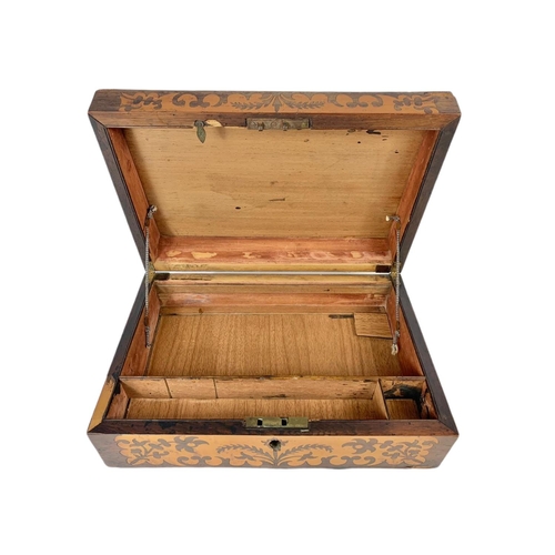 188 - Victorian inlaid stationary box. 35.5 x 24.5 x 12cm