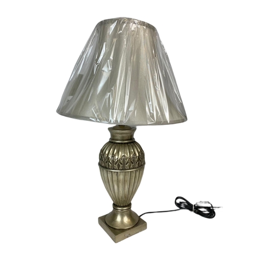 579 - Large ornate silver classical style lamp with shade 81cm