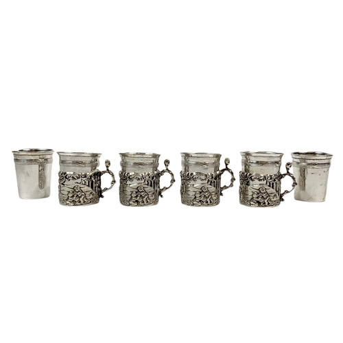 656 - Set of 4 ornate silver cup holders, Birmingham mark with EP cups on small silver plate tray. Tray me... 