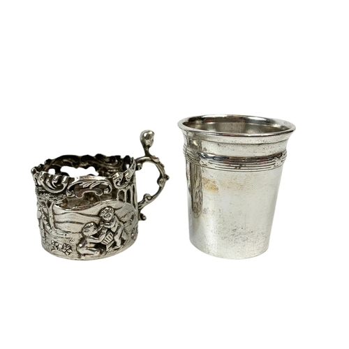 656 - Set of 4 ornate silver cup holders, Birmingham mark with EP cups on small silver plate tray. Tray me... 