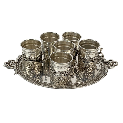 656 - Set of 4 ornate silver cup holders, Birmingham mark with EP cups on small silver plate tray. Tray me... 