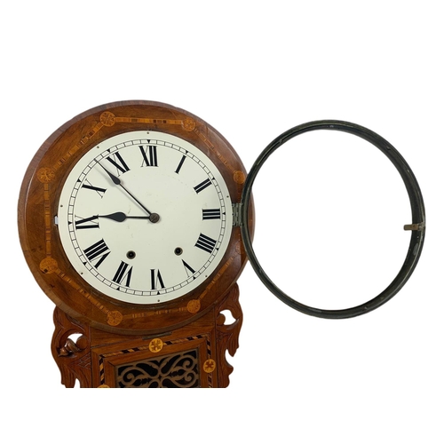 182 - Victorian inlaid American drop dial wall clock. With key and pendulum. 42 x 74cm