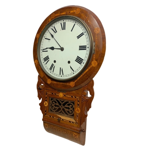 182 - Victorian inlaid American drop dial wall clock. With key and pendulum. 42 x 74cm